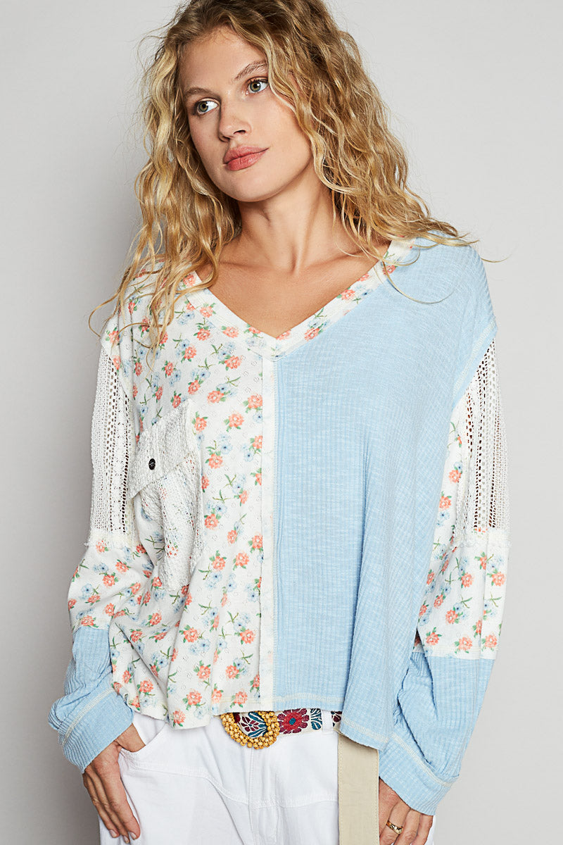 V Neck Ribbed Floral Mix Top