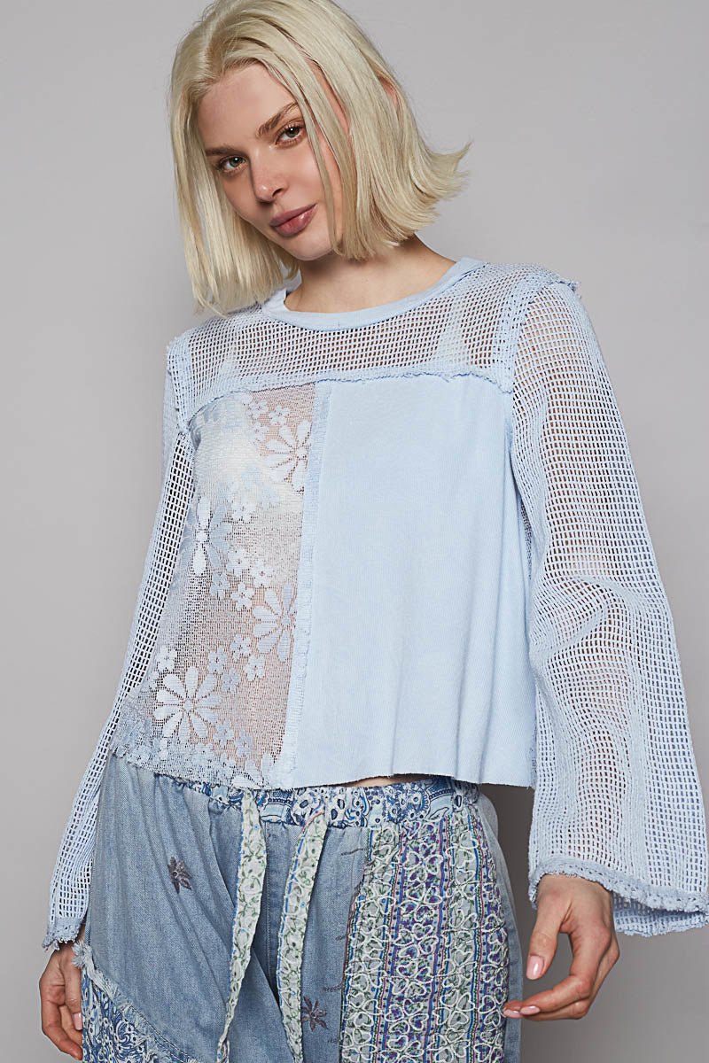 Long Sleeve Rib Top with Crochet Patching-2 Colors** Restocked**