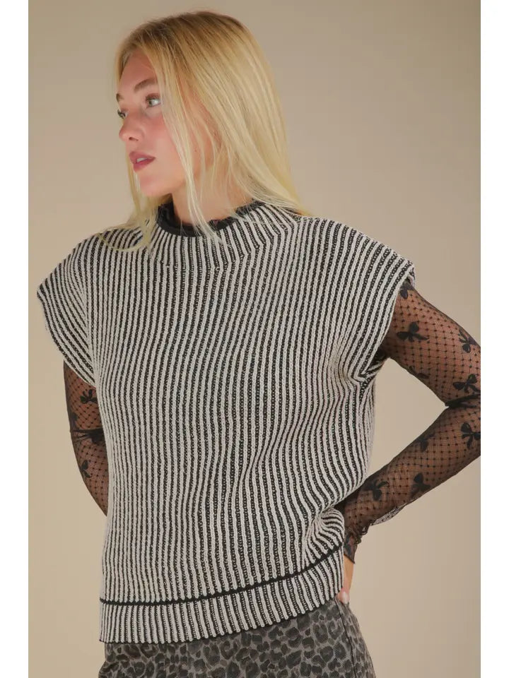 Black Two Tone Ribbed Sweater Vest