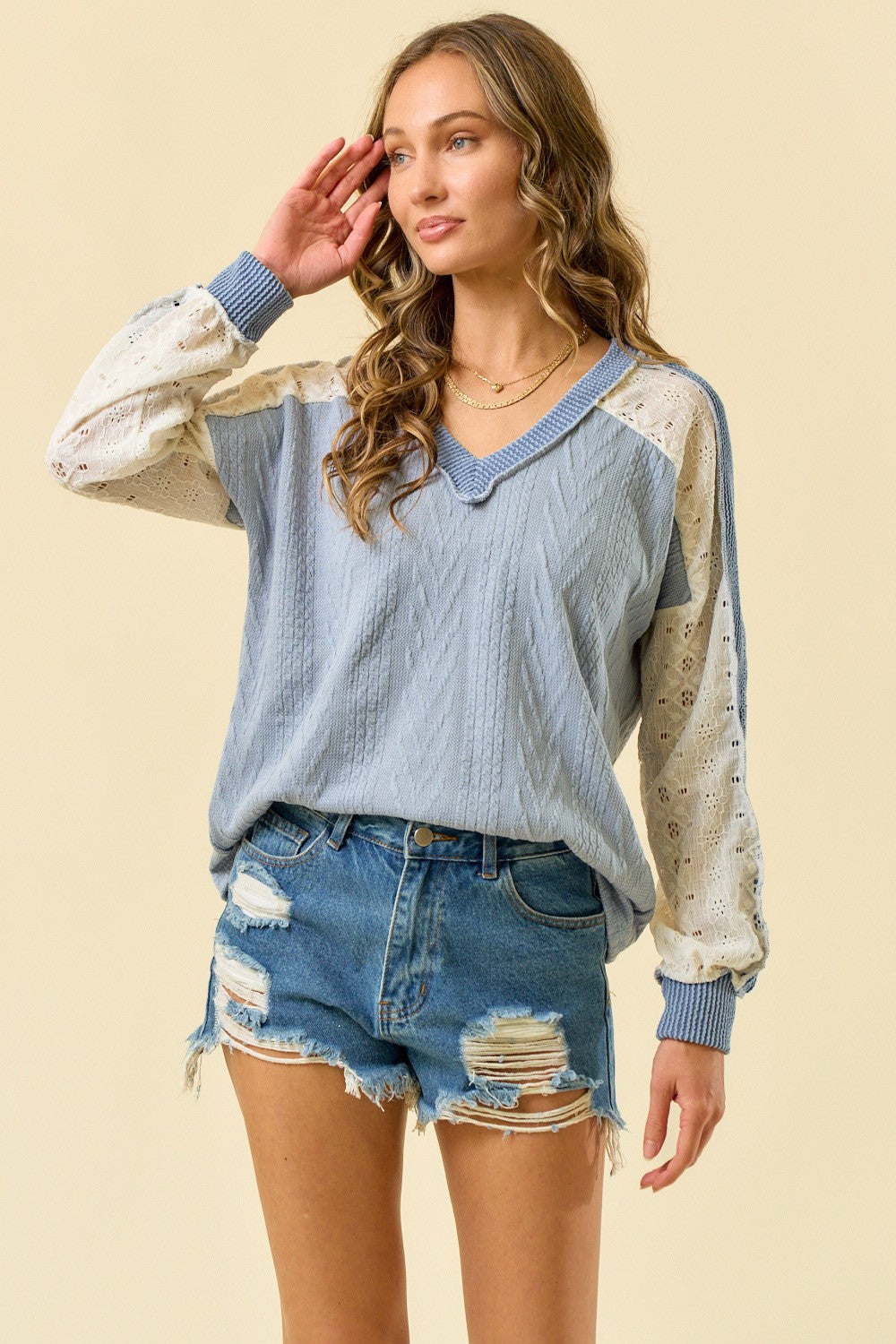 Cable Knit/Lace V Neck Top ~ 4 Colors