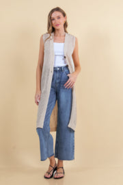 Beige Open Knit Cardigan Sweater Vest