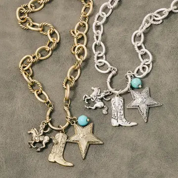 Western Cowboy Boot And Star Pendants Chain Necklace ~ 2 Colors