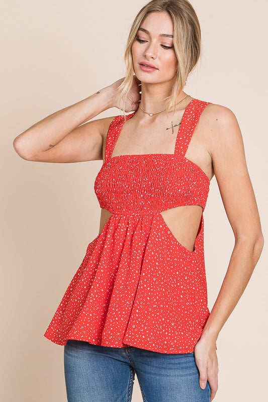 Red Floral Print Cutout Tank