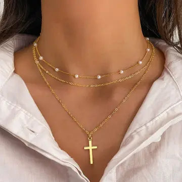 18K Stainless Steel Tarnish Free Layered Cross Necklace