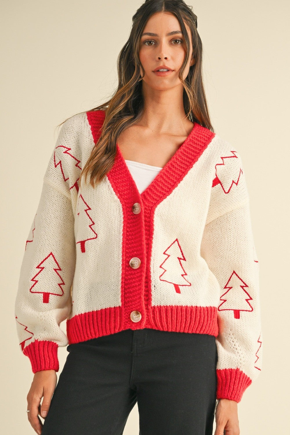 Ivory/Red Tree Embroider Cardigan