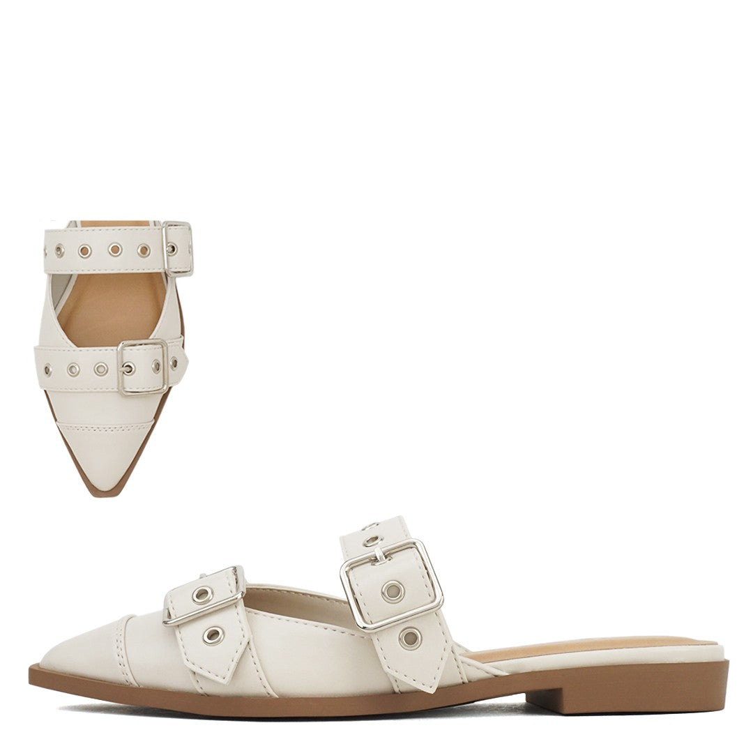 Soda Off White Studded Buckle Mules