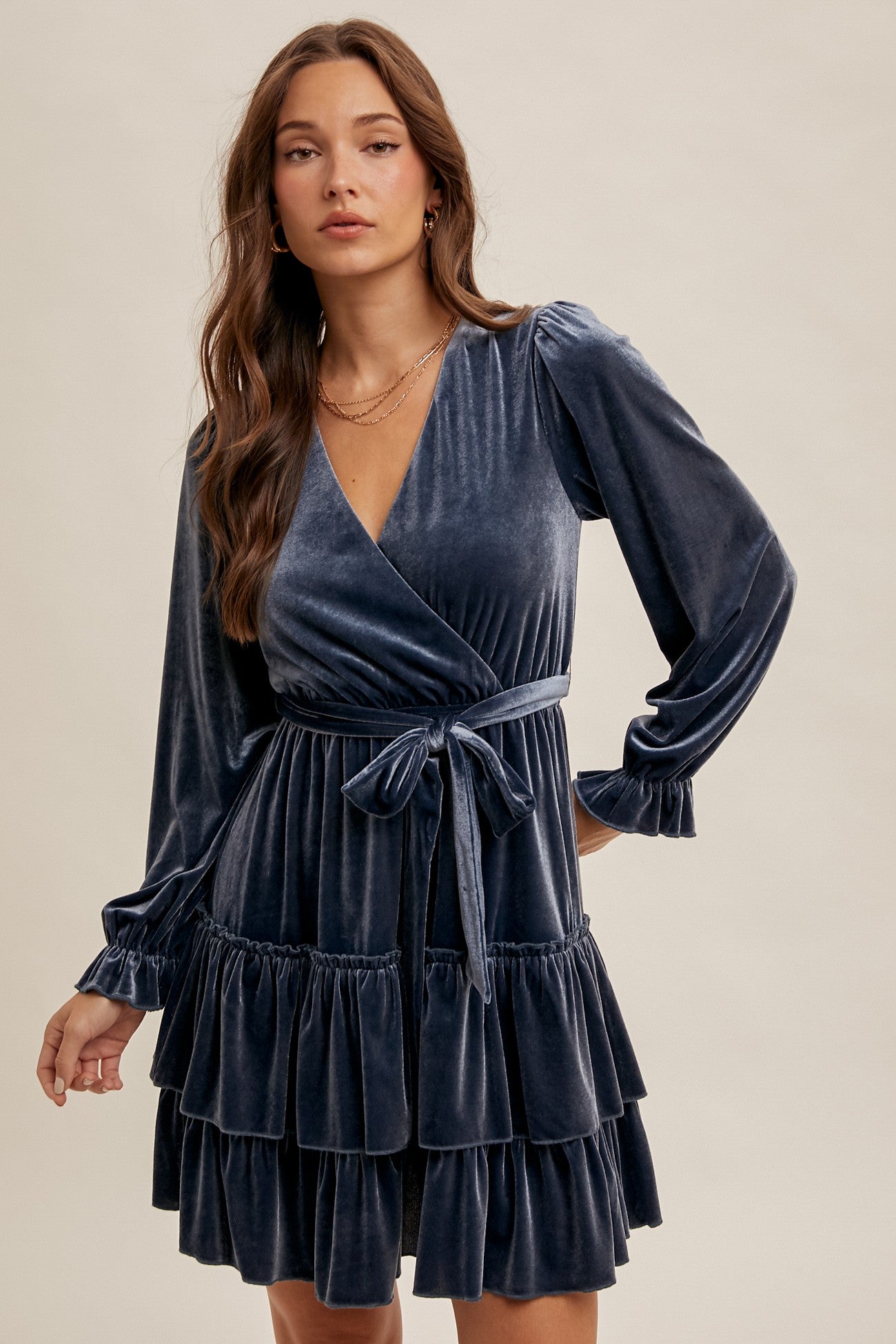 Velvet Long Sleeve Ruffle Dress ~ 2 Colors