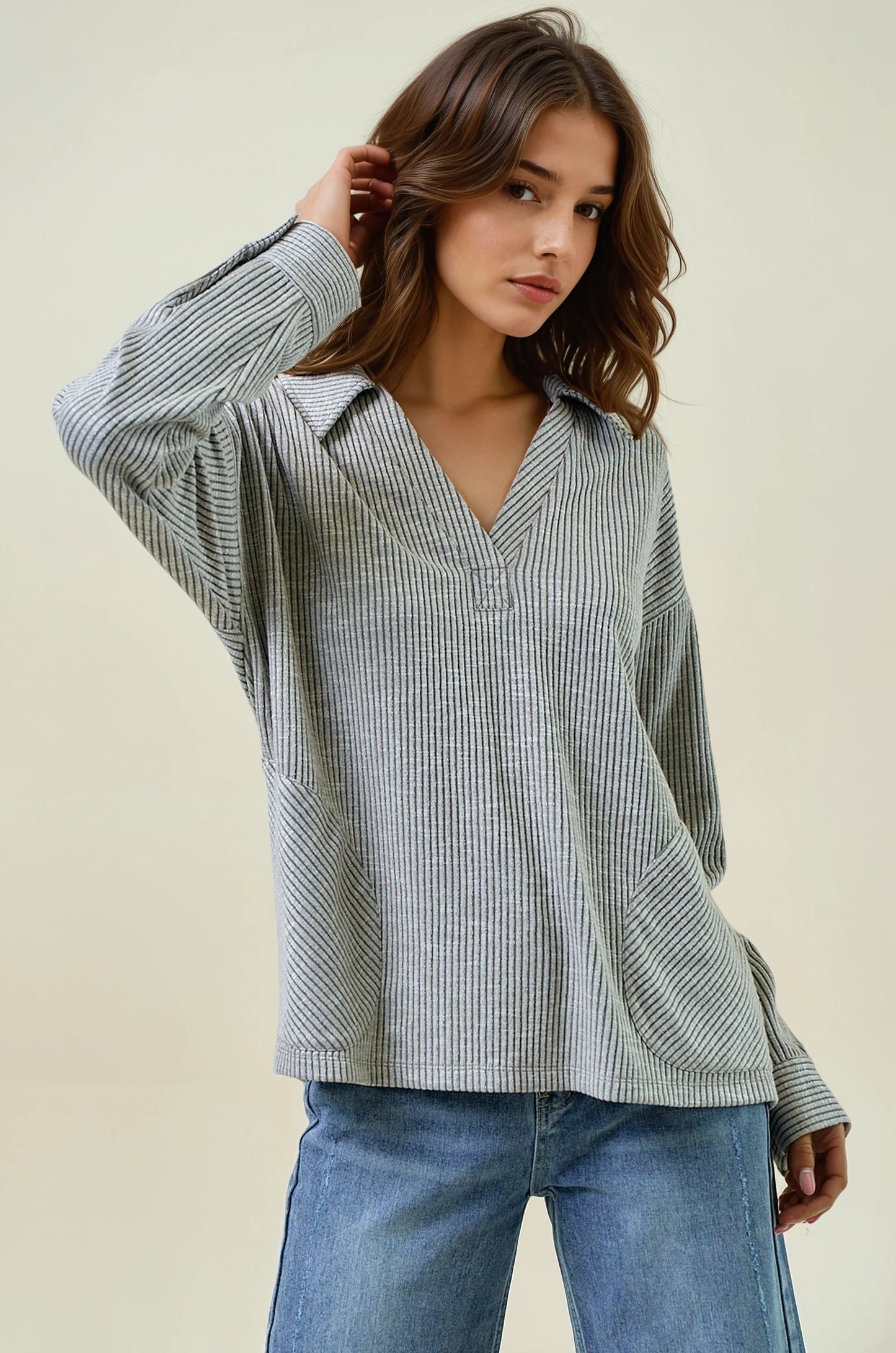 Two Tone Ribbed Pullover with Collar ~ 3 Colors