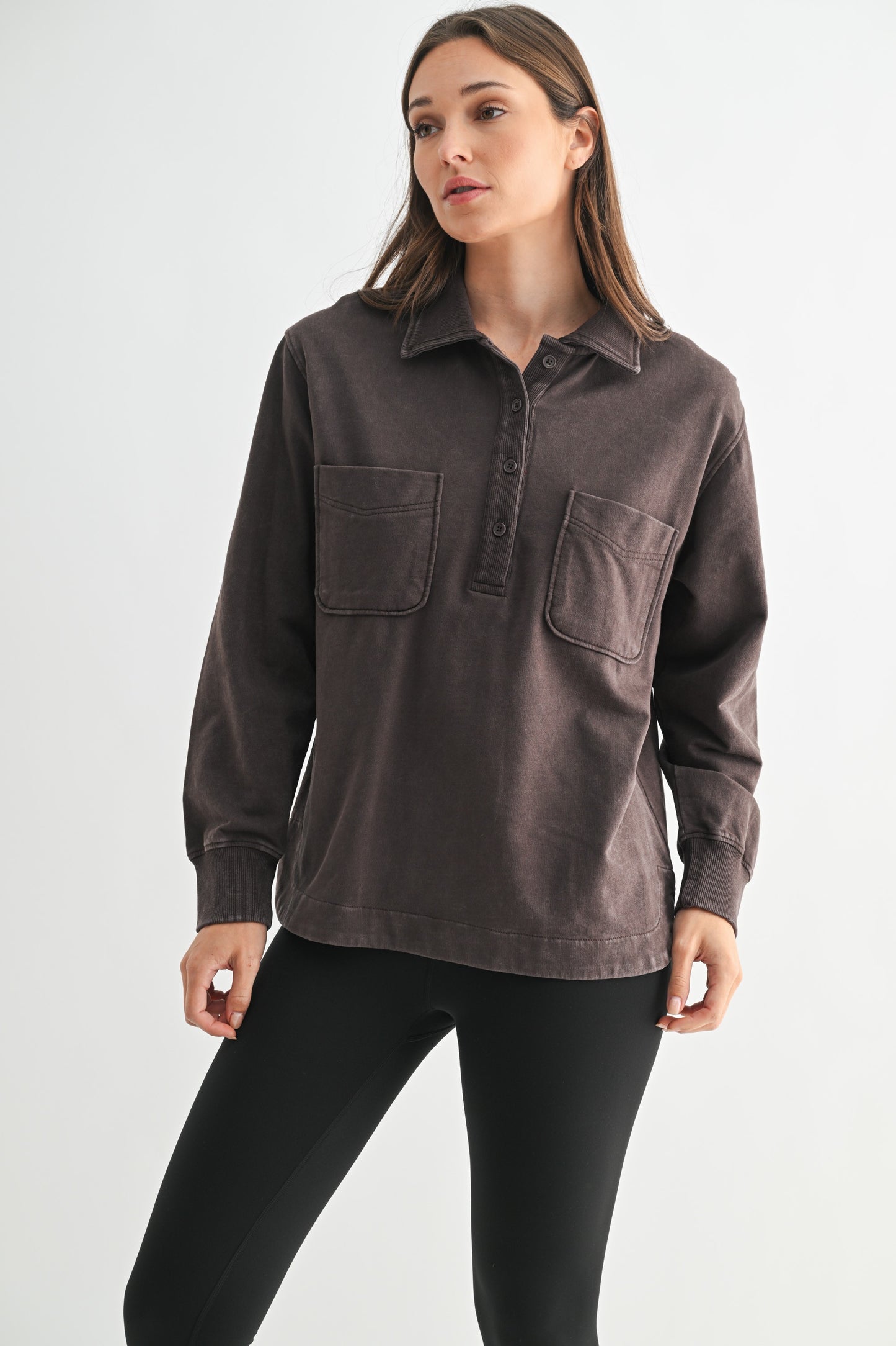Half Button Mineral Wash Color Shirt ~ 2 Colors