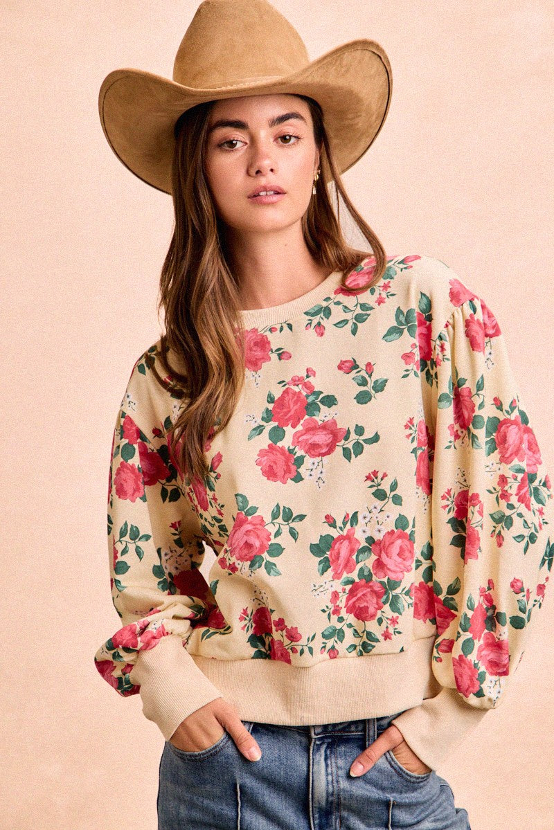 Cream/Coral Red Rose Printed Pullover