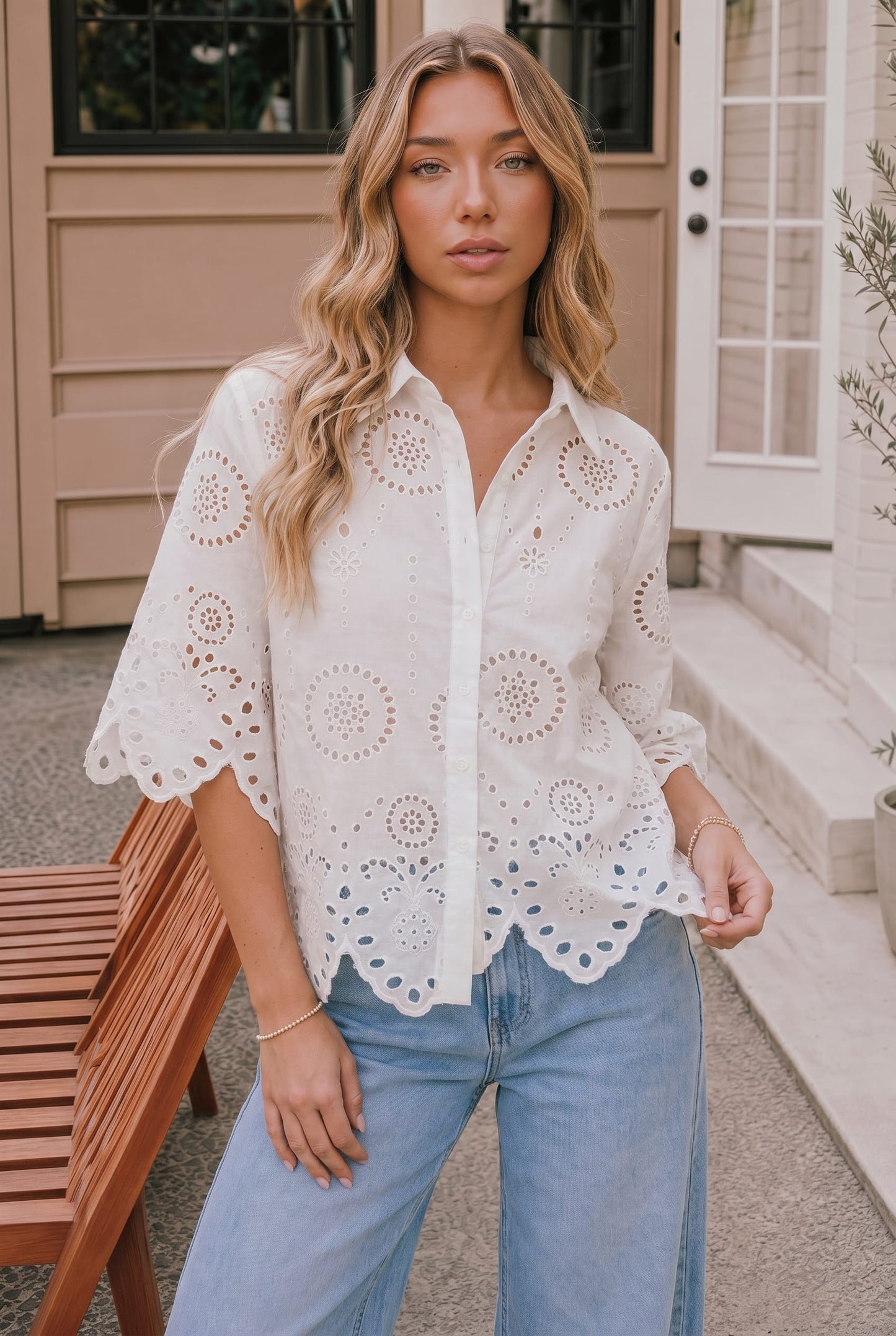 White Button Down Eyelet Blouse