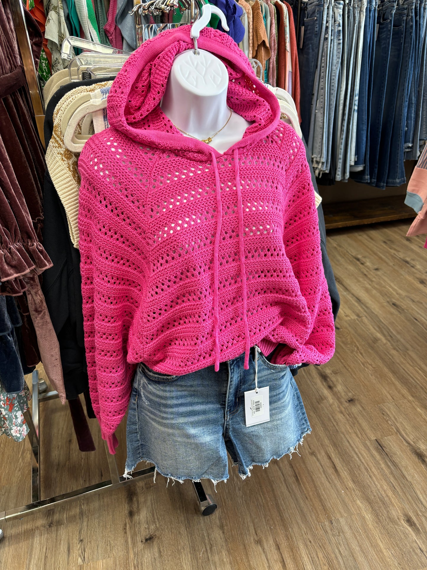 Fuchsia Crochet Pullover Hoodie