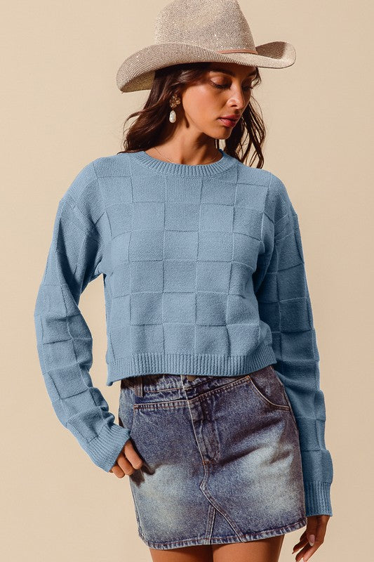 CHECKER PATTERN KNITTED ROUND NECK SWEATER TOP