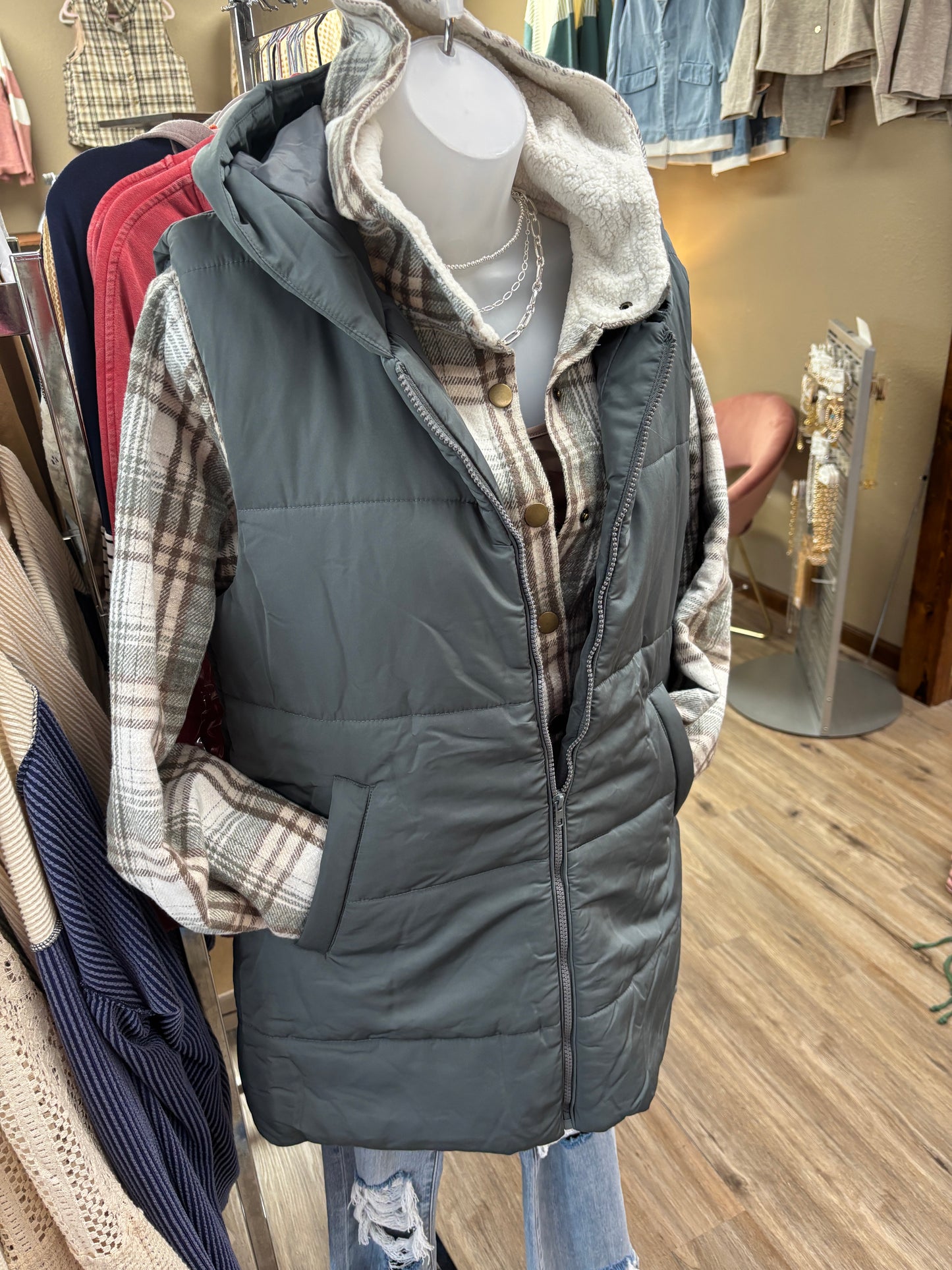 Dk Green Zip Front Tunic Puffer Vest