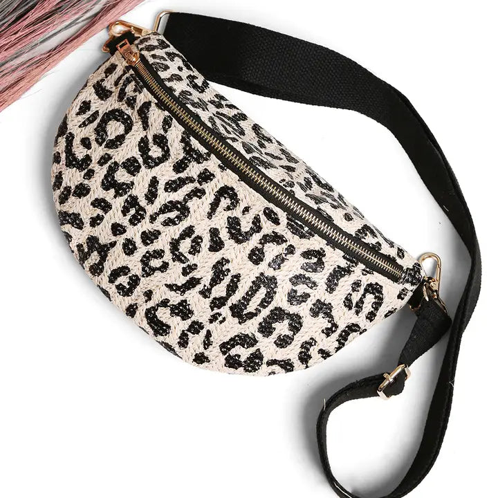 Leopard Pattern Adjustable Crossbody Belt Bag ~ Black