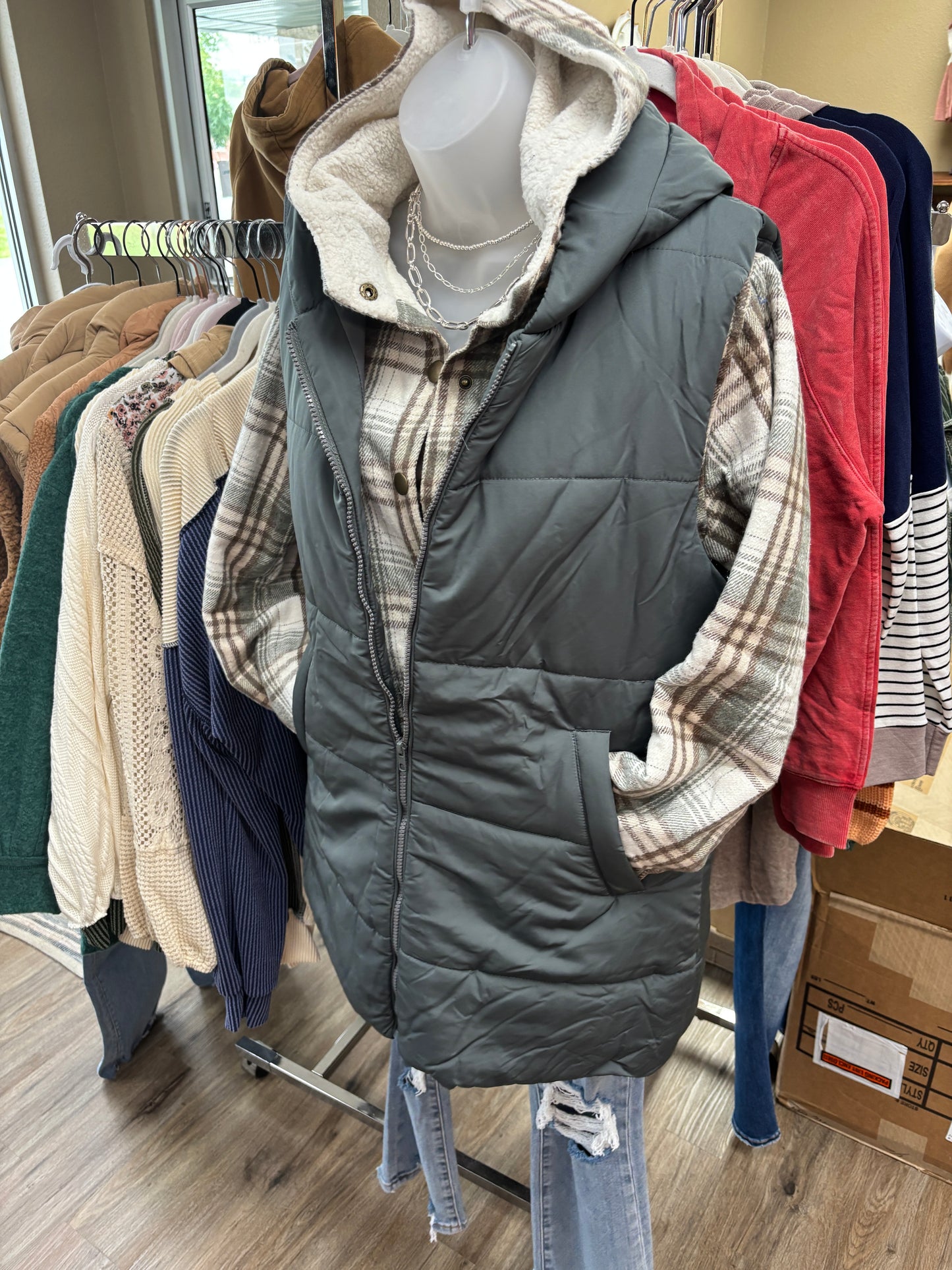 Dk Green Zip Front Tunic Puffer Vest