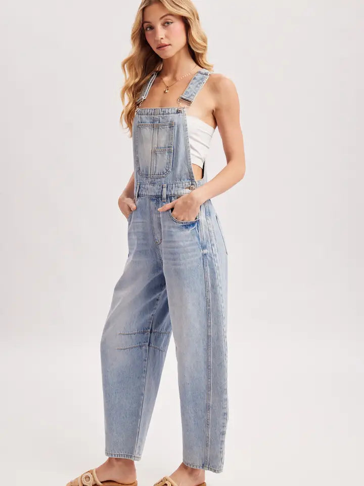Light Wash Denim Barrel Overalls