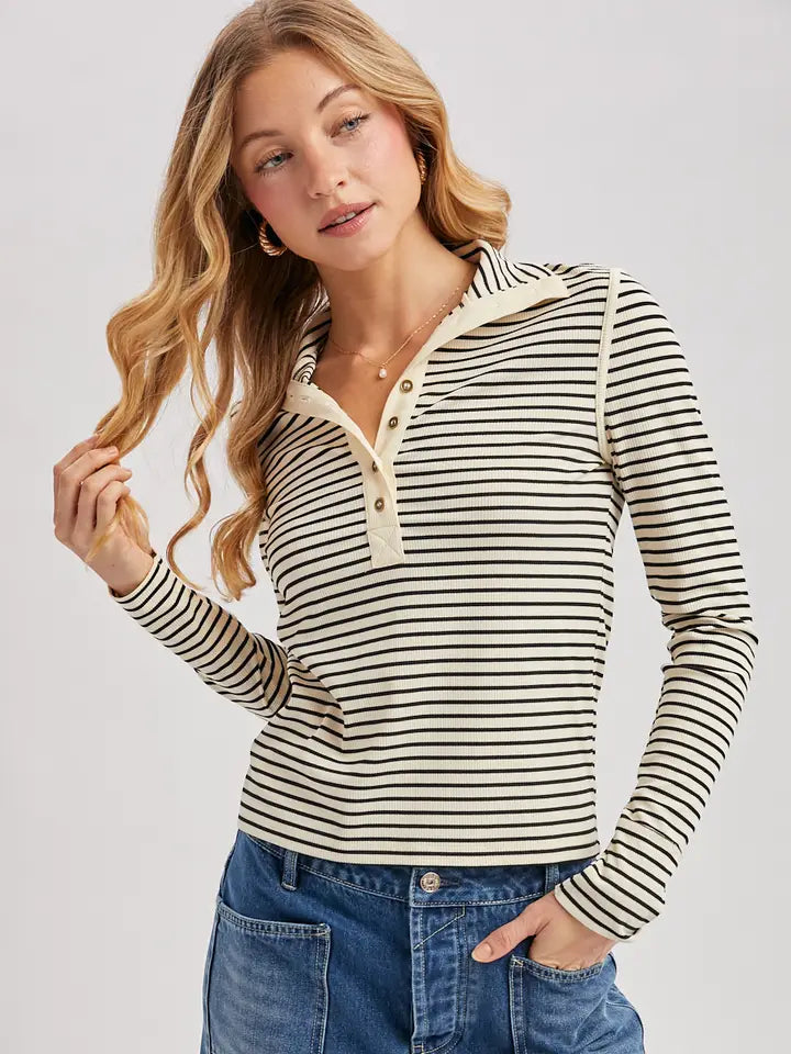 Black and Ivory Striped Ribbed Button Top