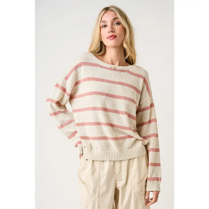 Dove Pink Striped Relaxed Knit Sweater