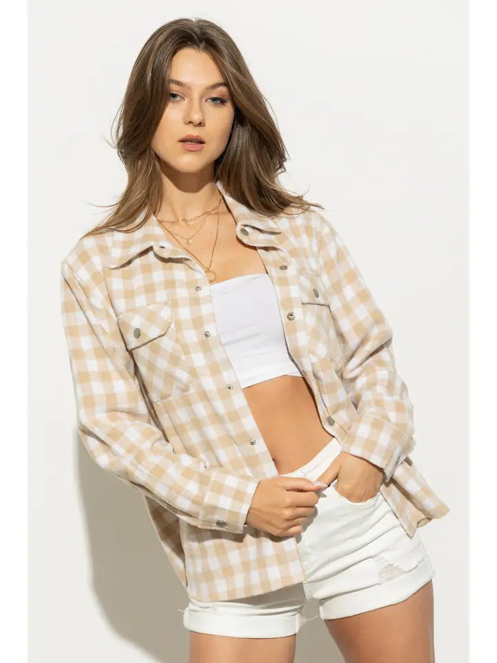 Beige Gingham Shirt Jacket