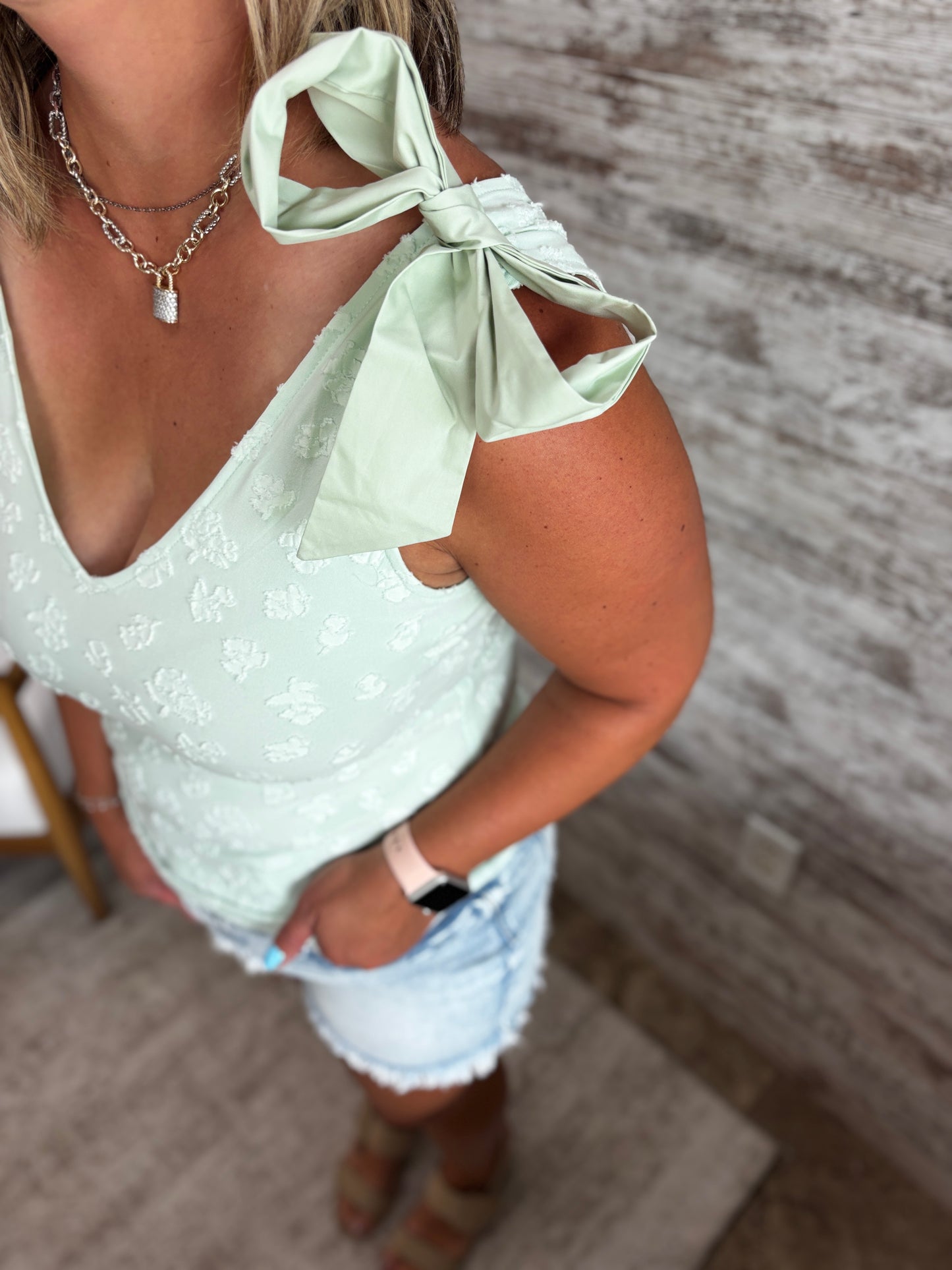 Sage Jacquard Tank with Ribbon Detail