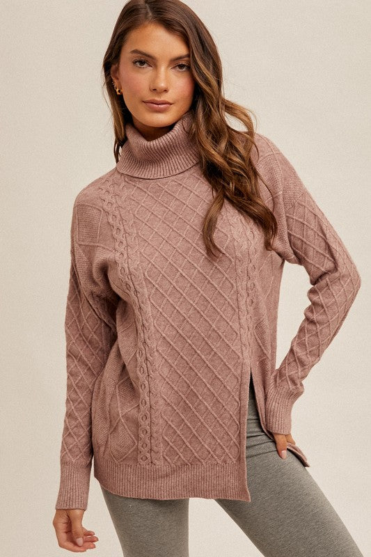 Cable Knit Split Turtleneck