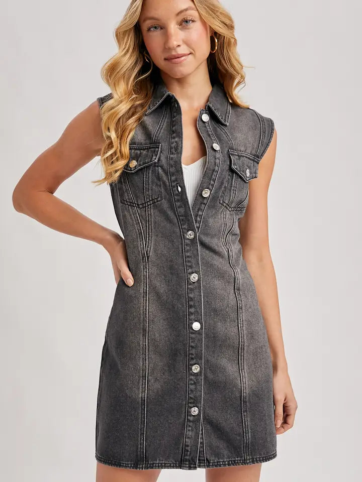 Washed Black Denim Button Down Dress