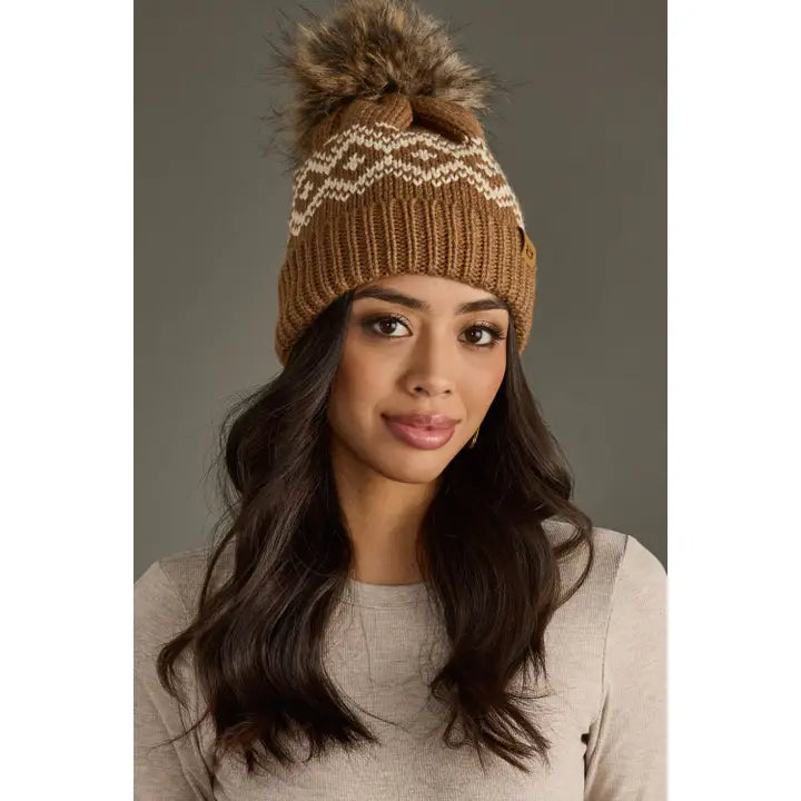 Brown and Speckled Patterned Pom Hat