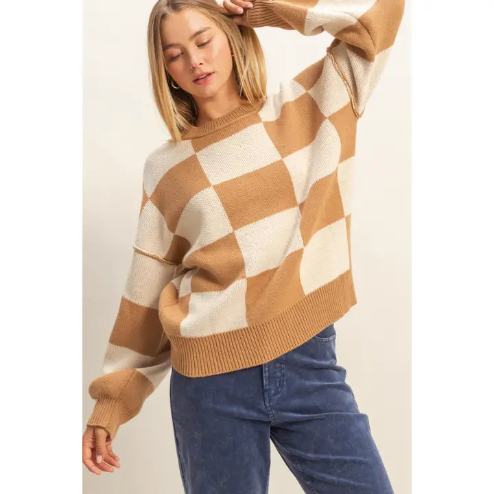 Beige/Camel Checked Knit Sweater