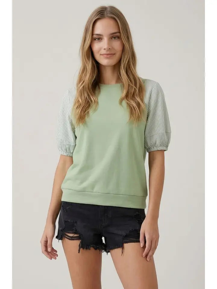 Dusty Mint Stripe Contrast Puff Sleeve Top