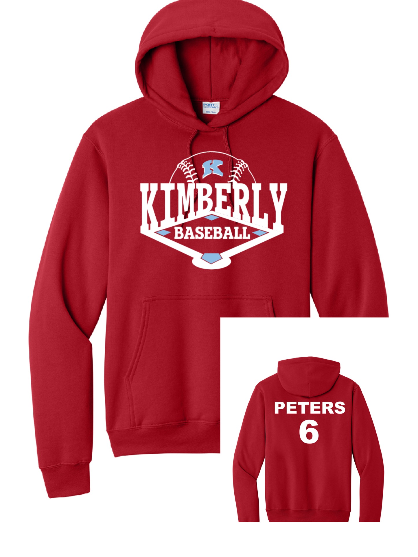 Kimberly Baseball Port & Company Red Hoodie~ Youth and Adult Sizes ~ Can be Personalized