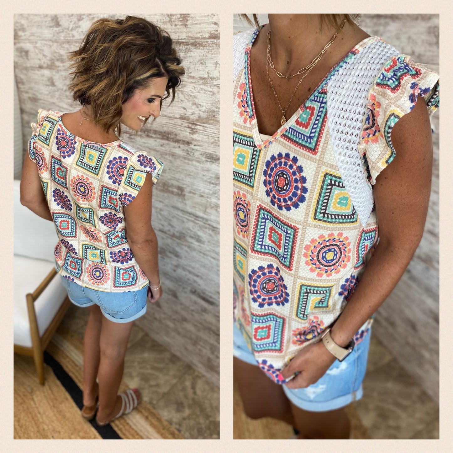 GRANNY SQUARE PRINT WAFFLE RUFFLED TOP
