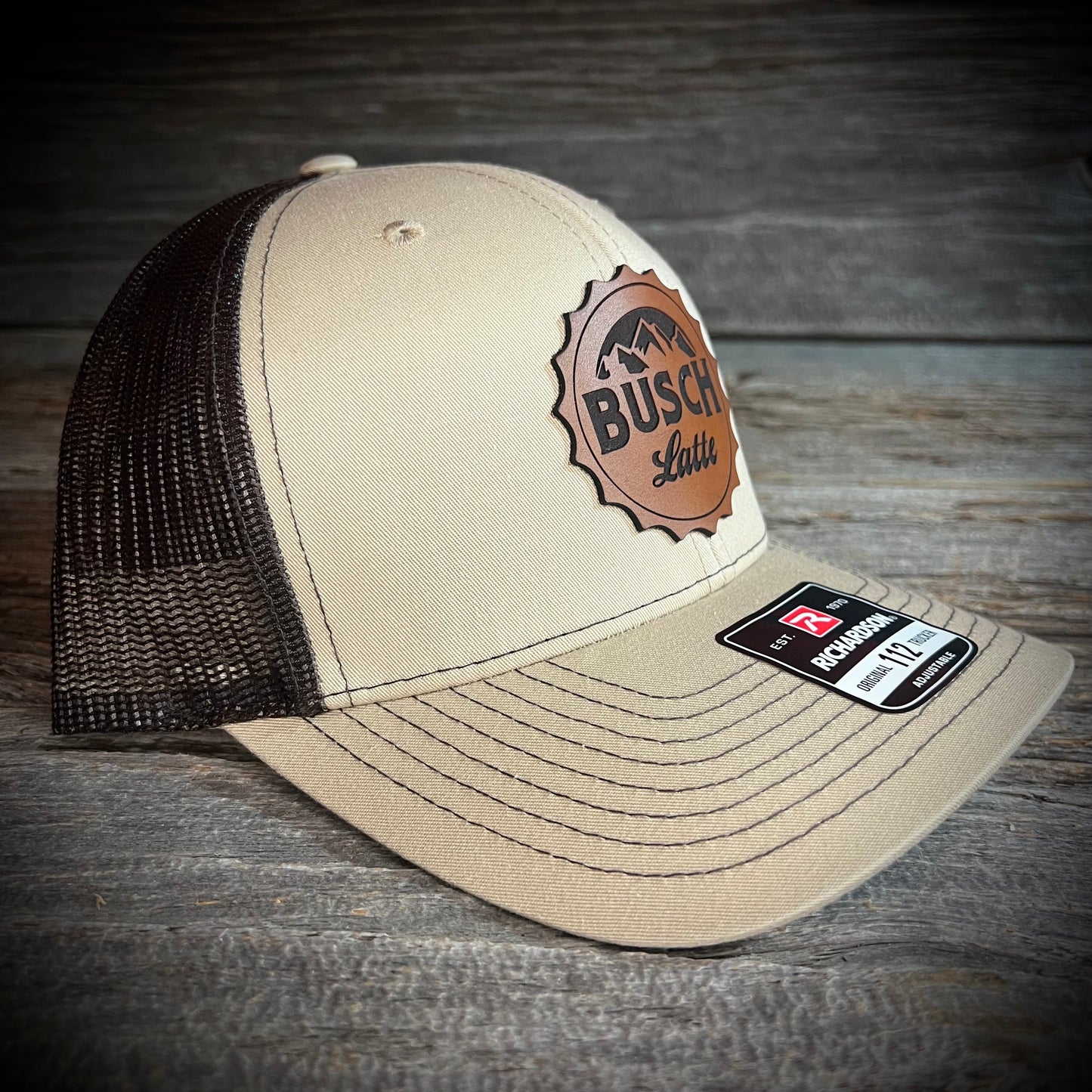 Busch Latte Leather Patch Trucker Hat