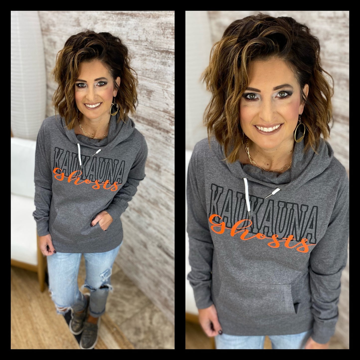 Kaukauna Ghosts Dark Heather Enza Funnel Hoodie
