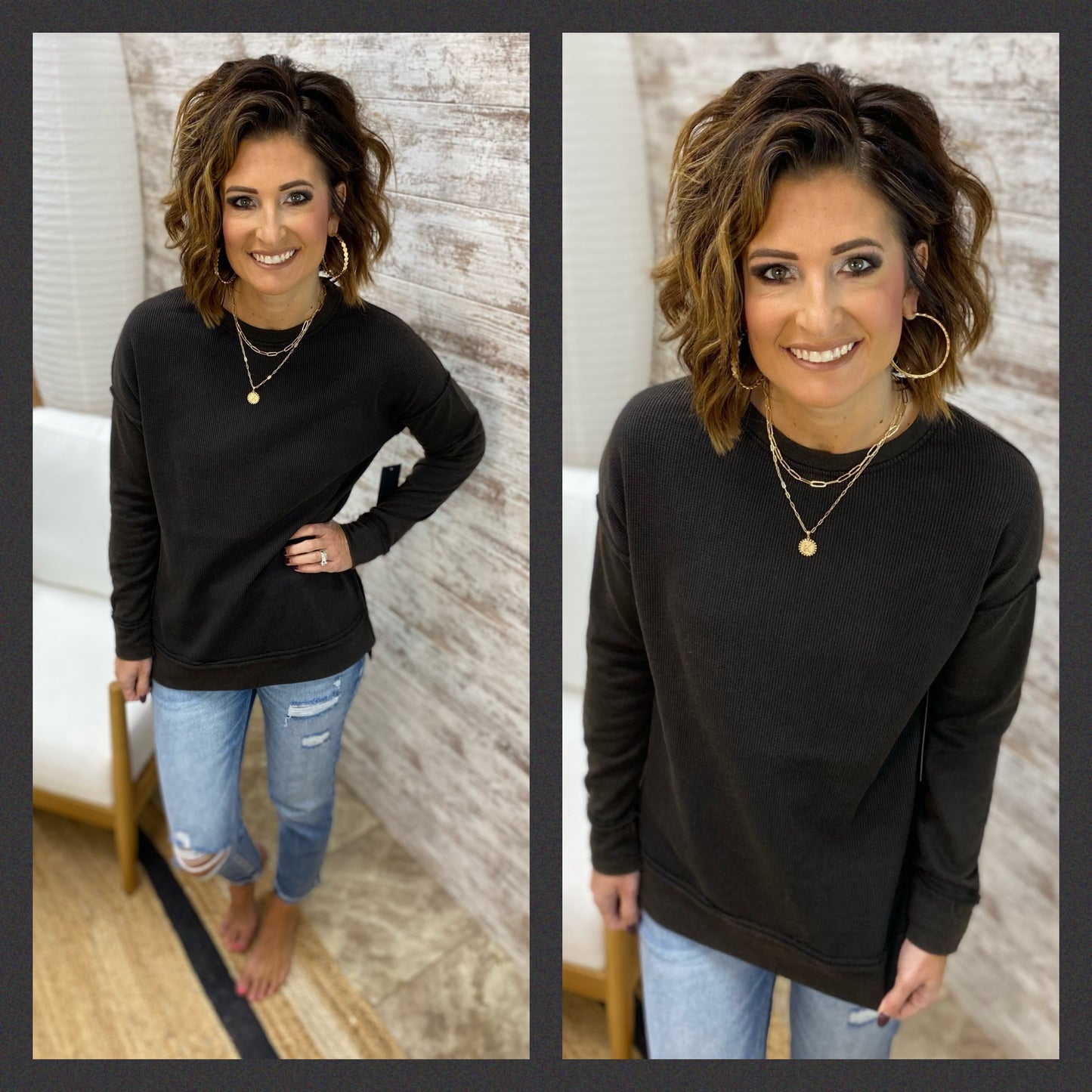 Waffle-Knit Pullover with Side Slits