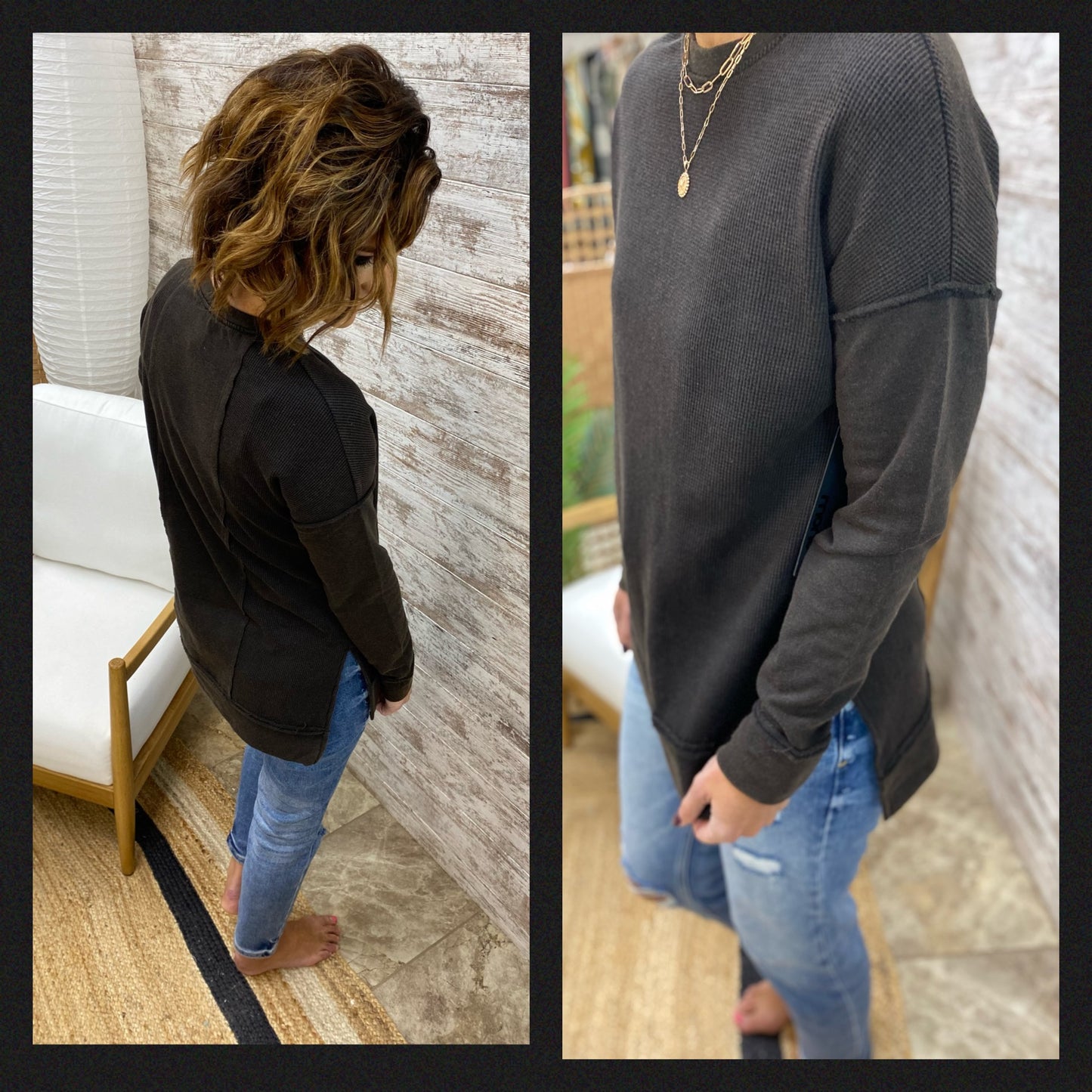Waffle-Knit Pullover with Side Slits