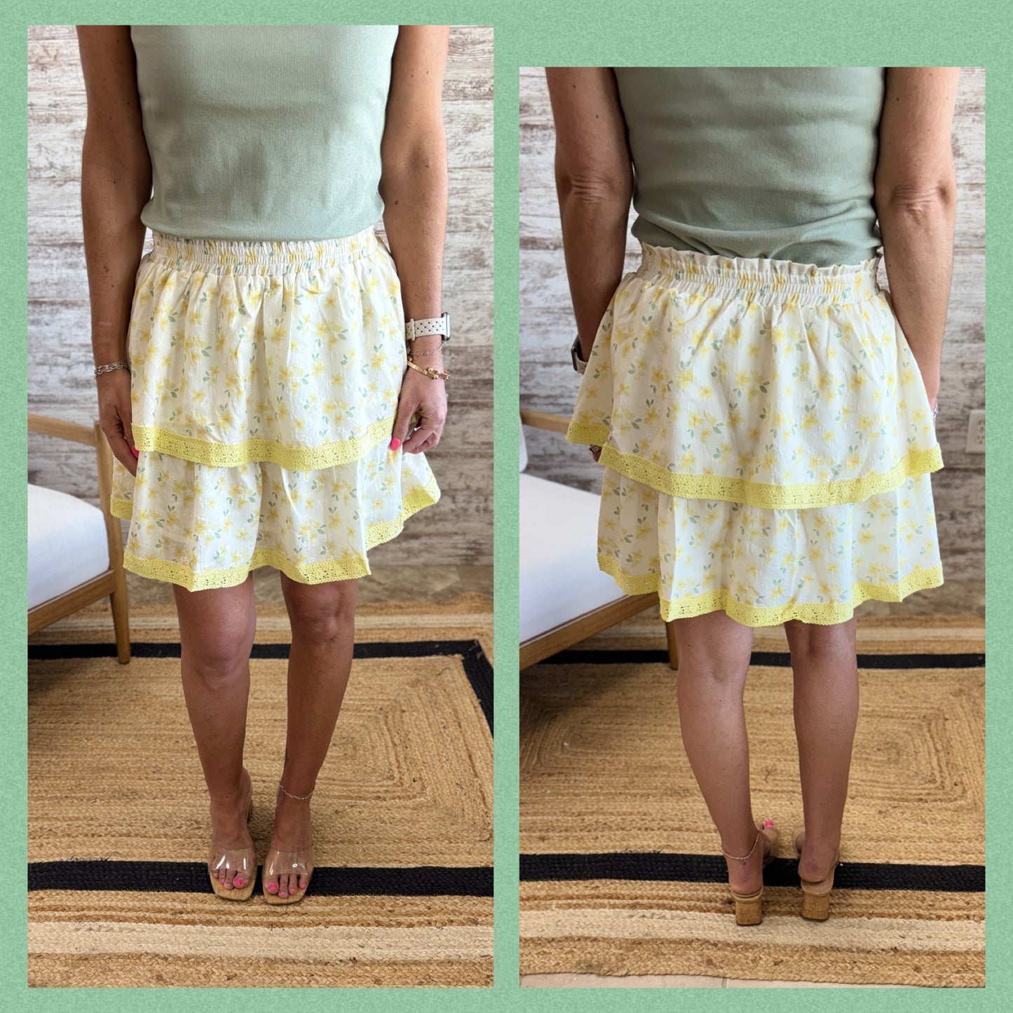 Lemon Floral Puff Printed Layered Lace Mini Skirt