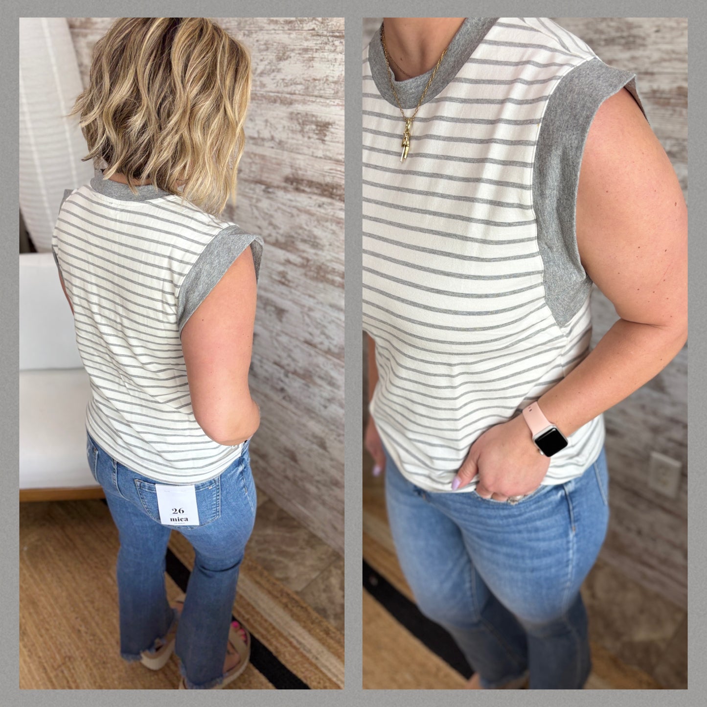 Heather Grey Striped French Terry Crew