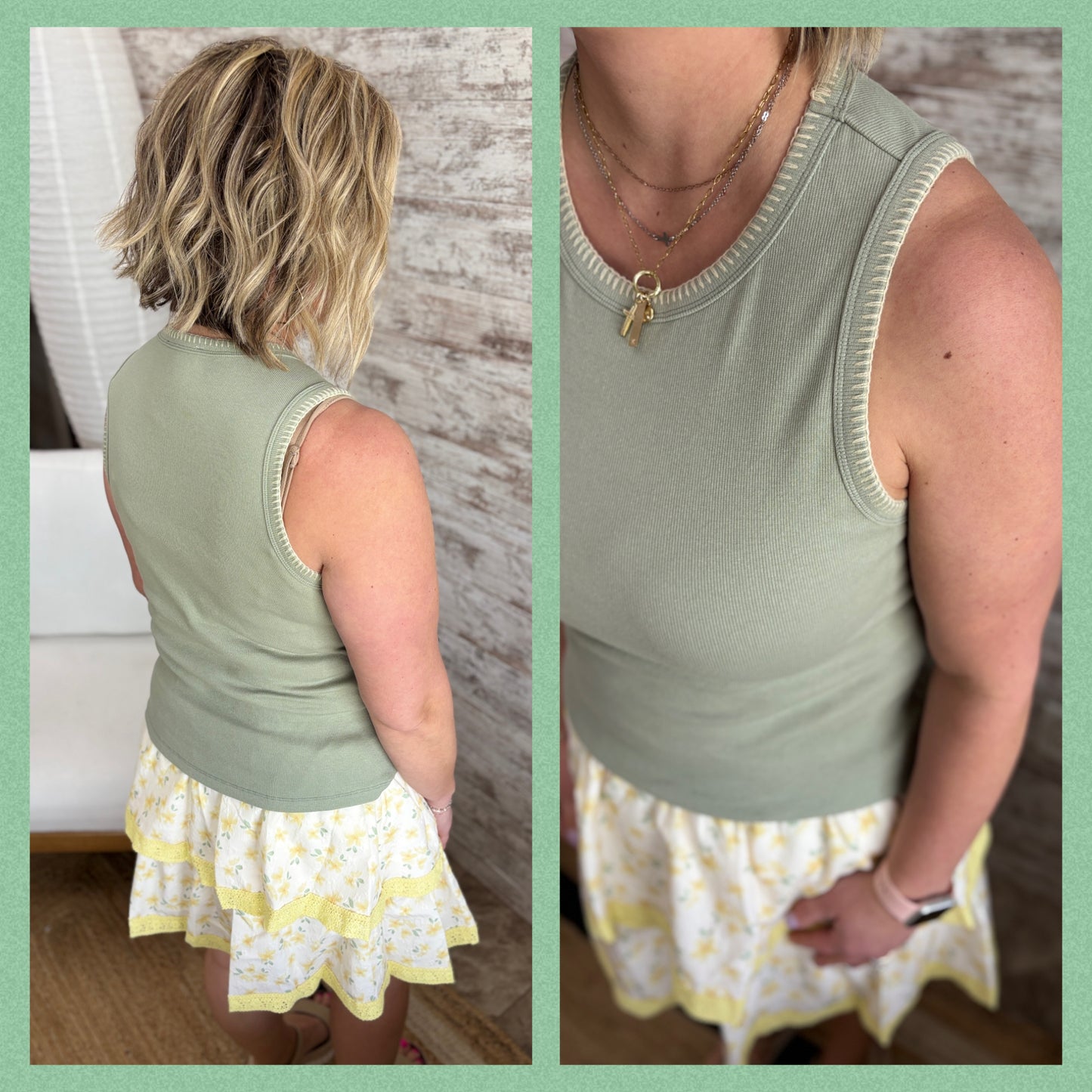 Sage Ribbed Tank with Stitched Trim