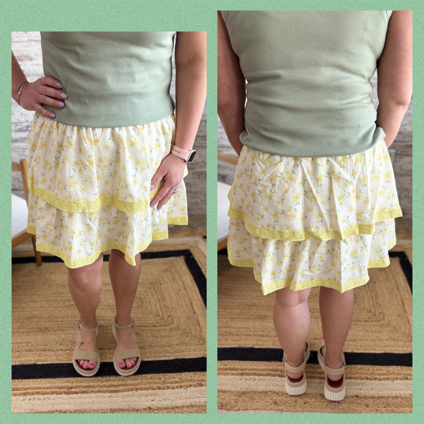 Lemon Floral Puff Printed Layered Lace Mini Skirt