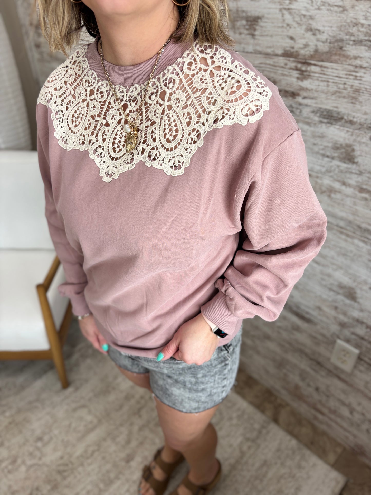 Rose Crochet Trim Crew Neck