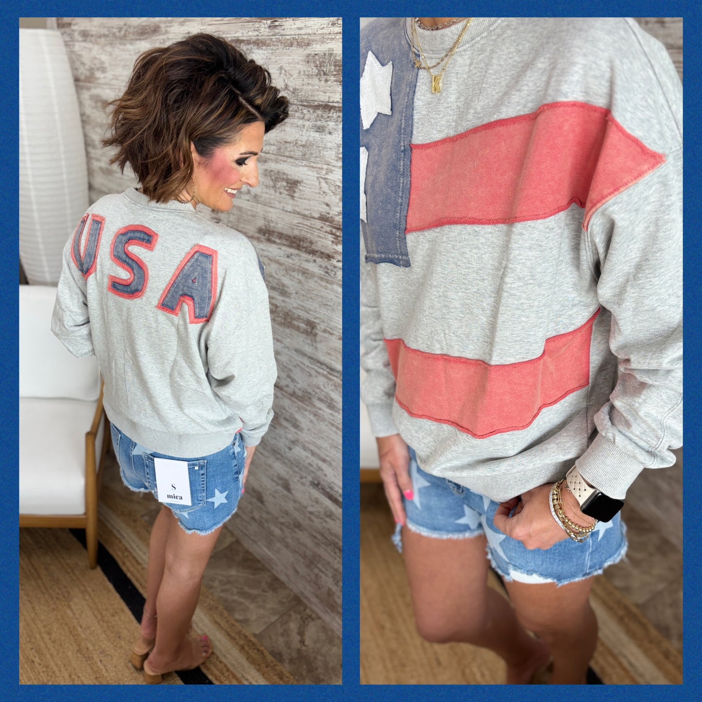 American Flag Usa Patch Mineral Wash Pullover Top ~ 2 Colors