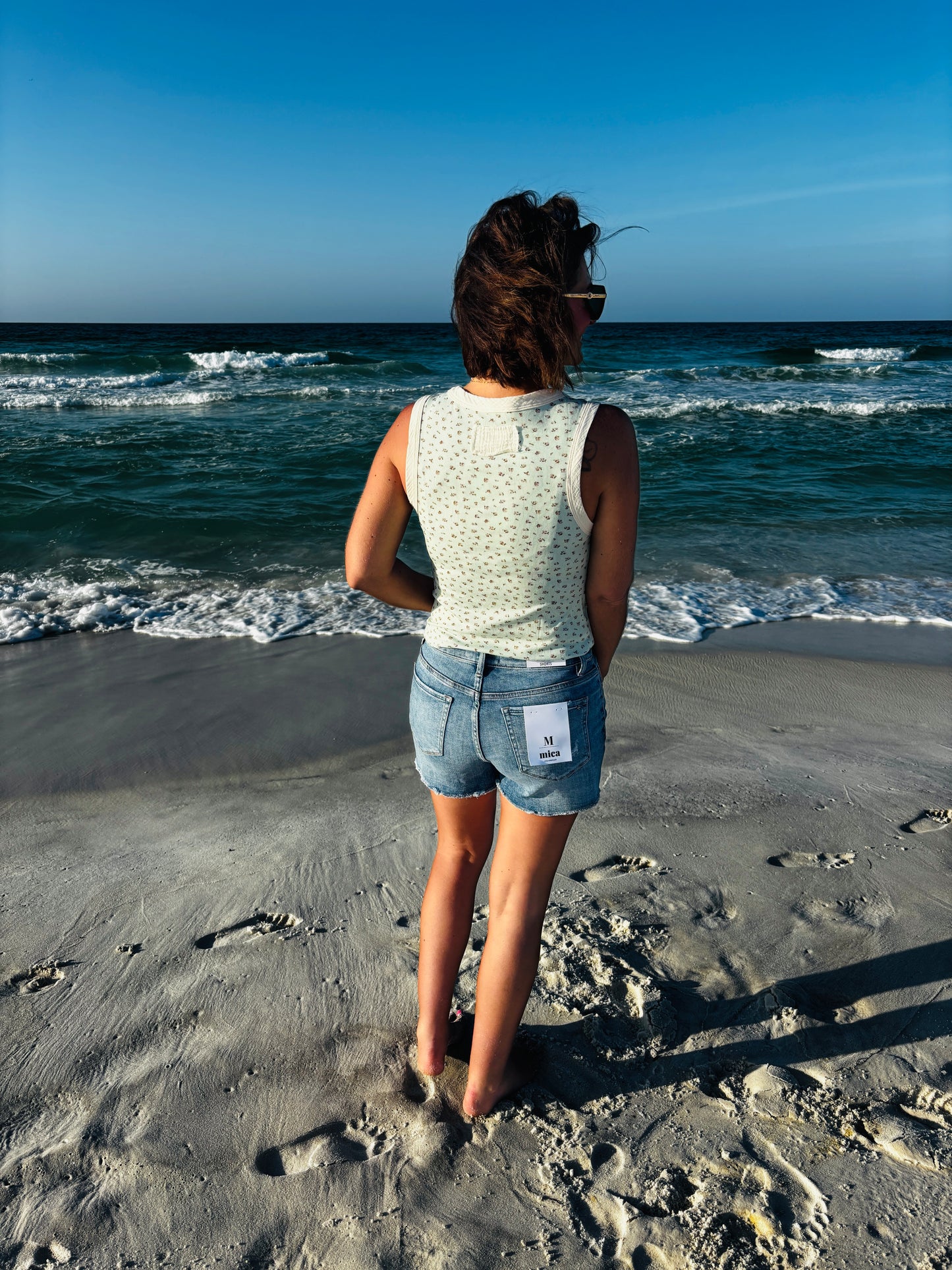 Mint Round Neck Sleeveless Ribbed Floral Printed Knit Top