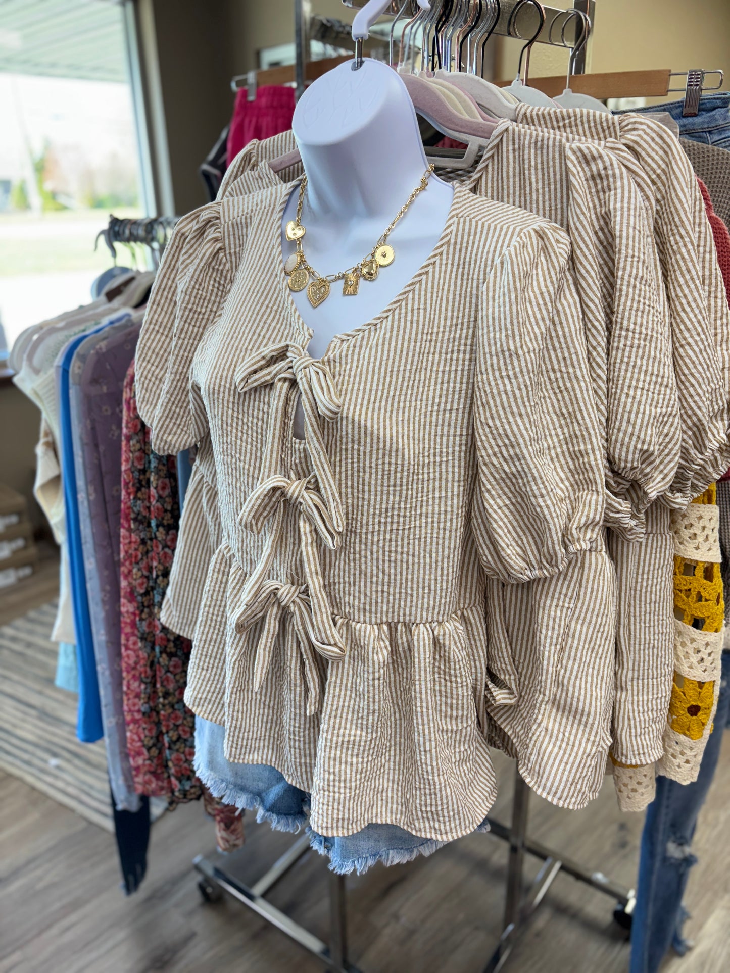 Taupe Pin Stripe Puff Sleeve Top