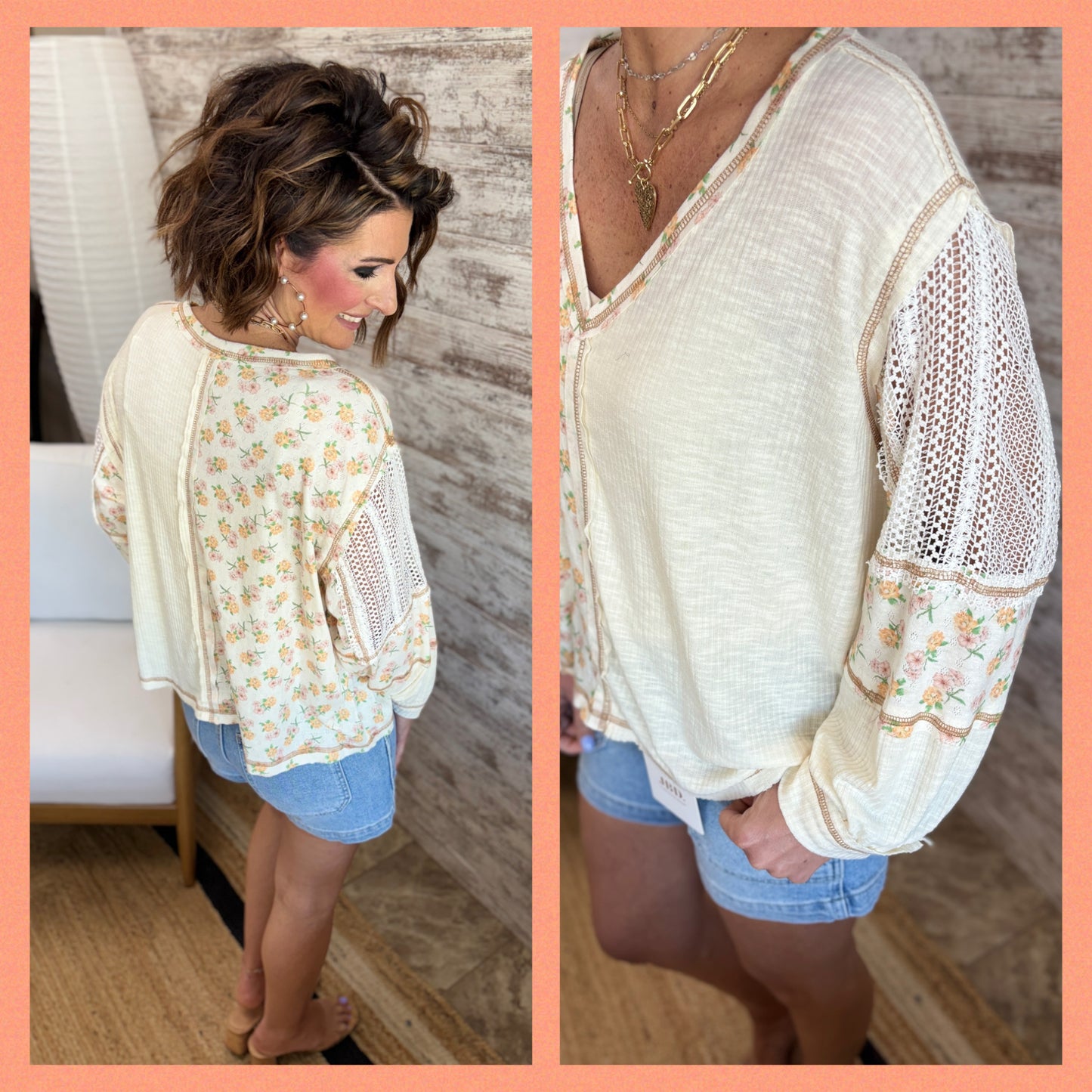 V Neck Ribbed Floral Mix Top