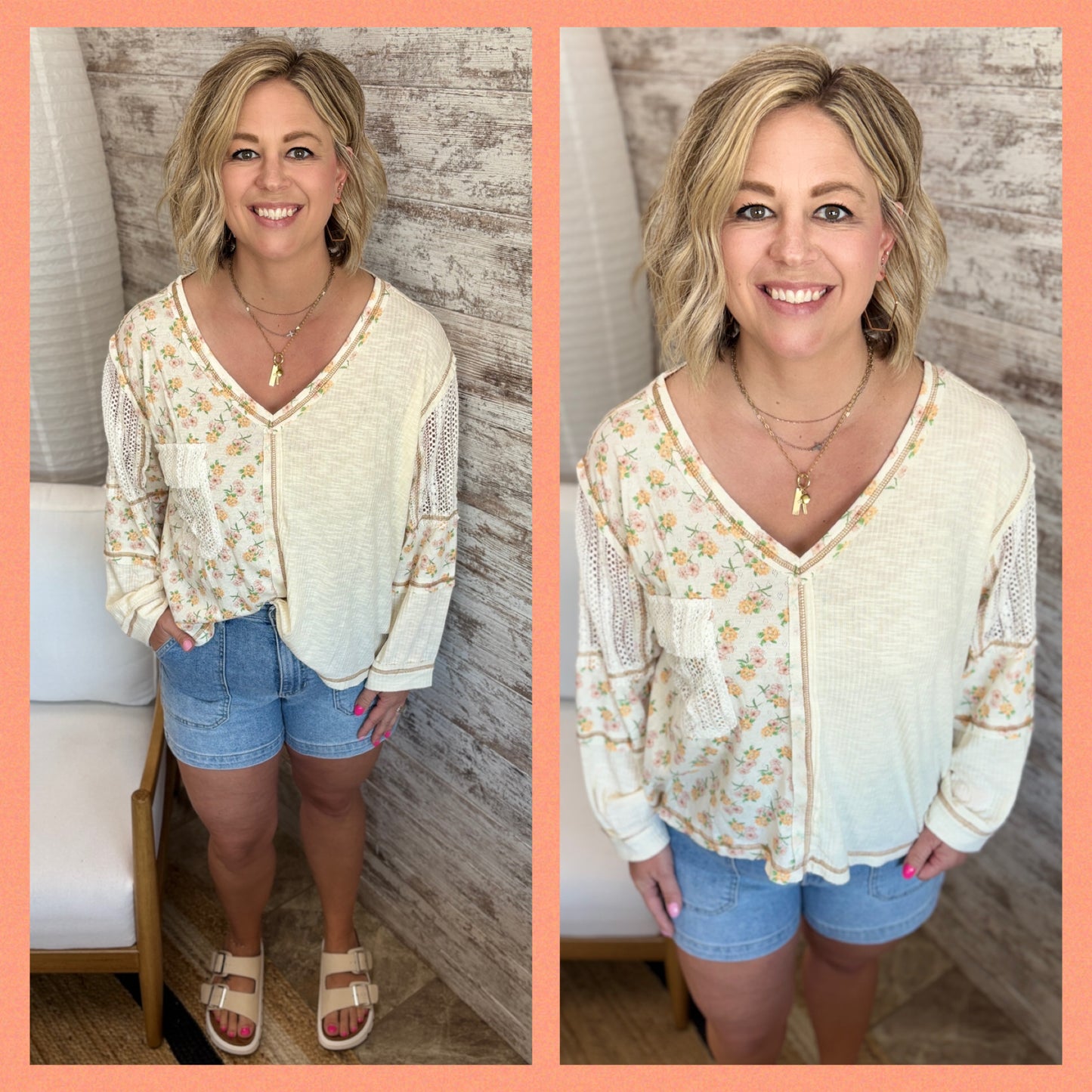 V Neck Ribbed Floral Mix Top