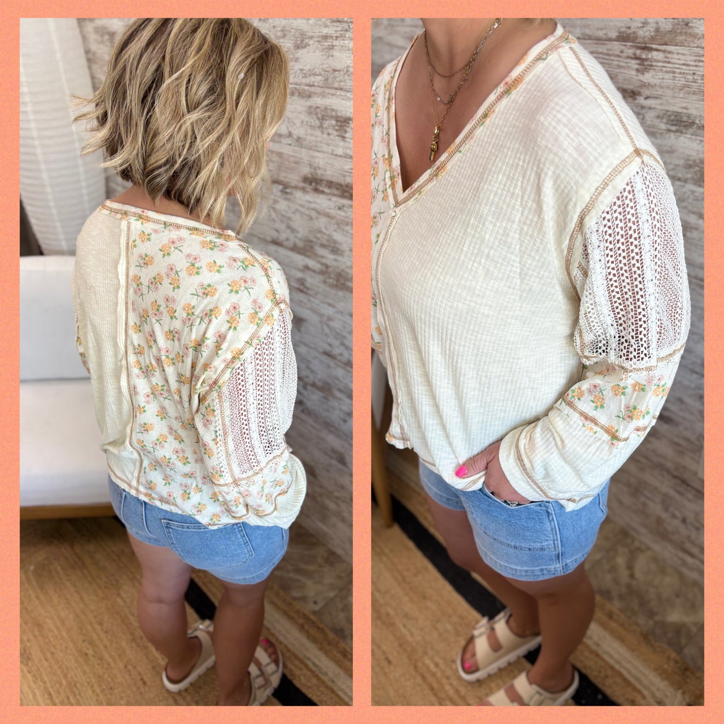 V Neck Ribbed Floral Mix Top