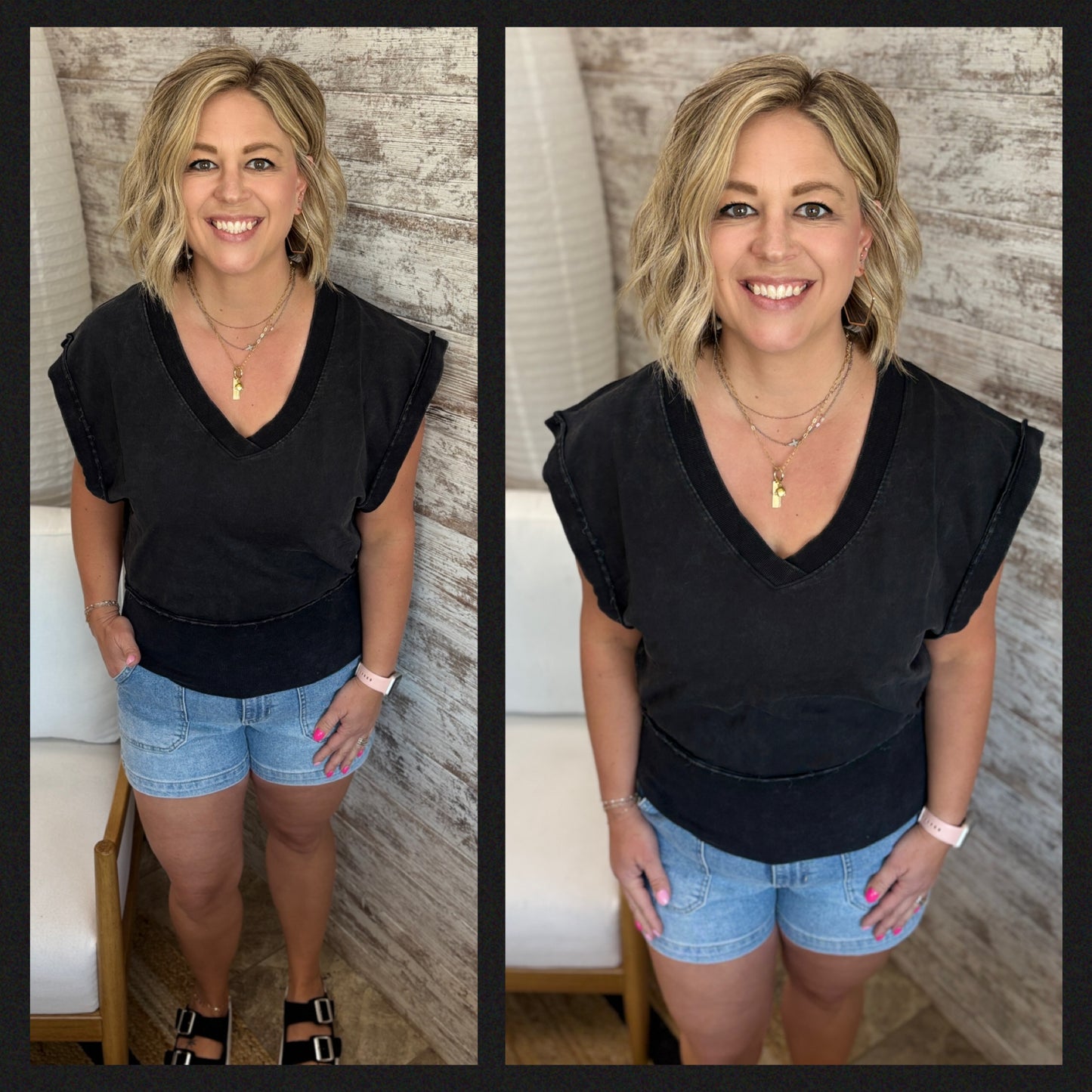 Stone Wash V Neck Sleeveless Top ~ 2 Colors
