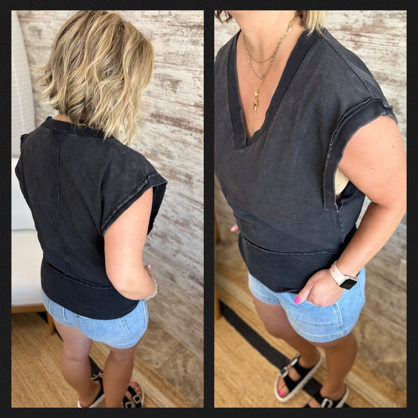 Stone Wash V Neck Sleeveless Top ~ 2 Colors