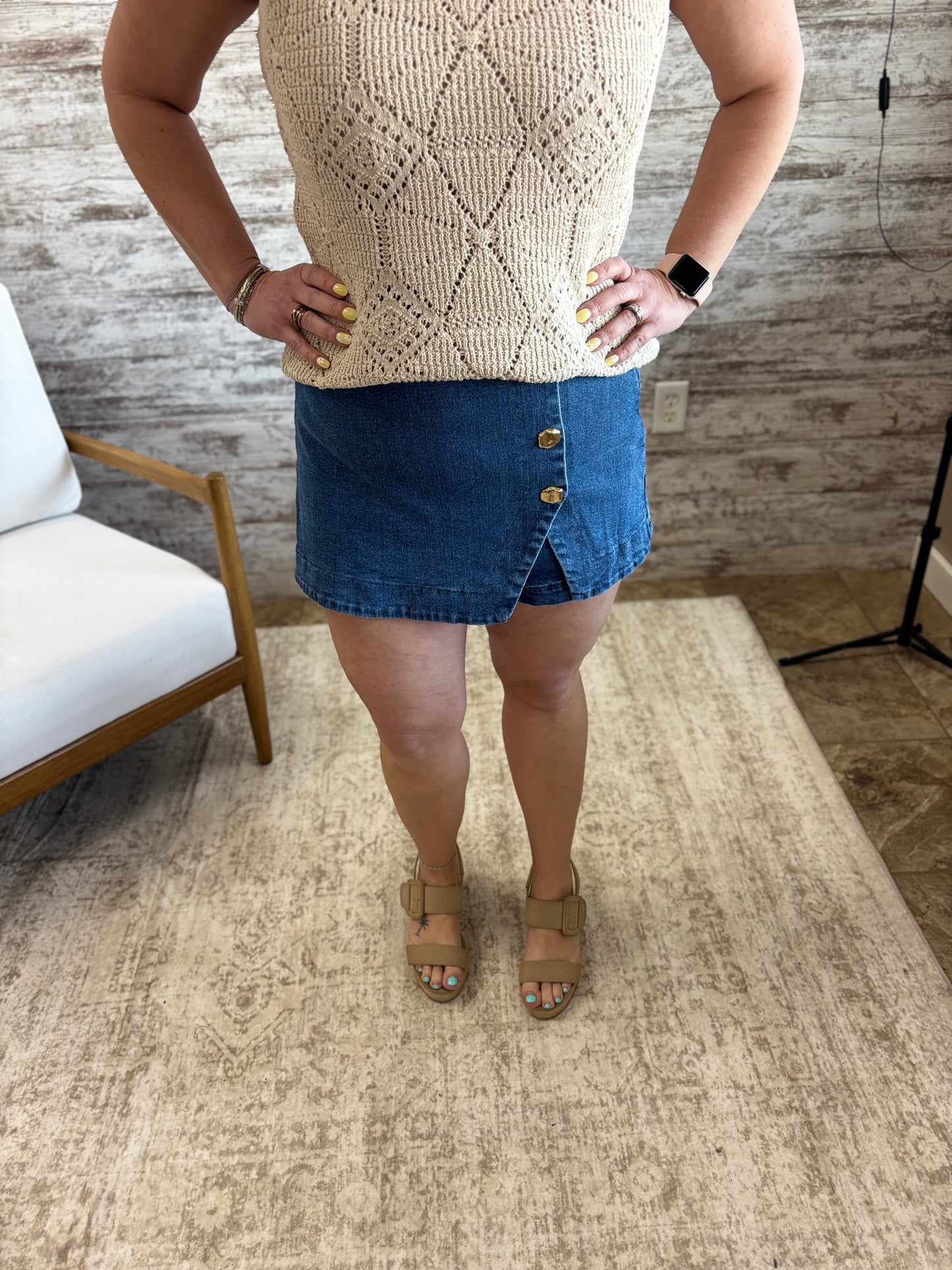 Washed Denim Skort with Button Detail